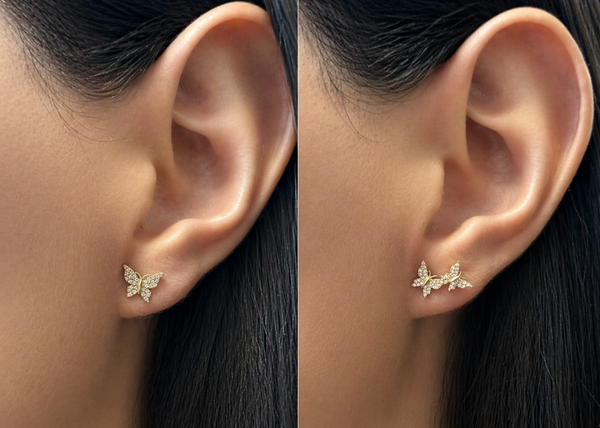 Earrings 14kt Rose Gold Asymmetrical Butterflies & Diamonds