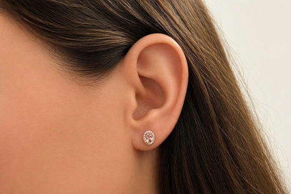 Earrings 14Kt Gold Oval Morganite & Halo Round Diamonds Studs