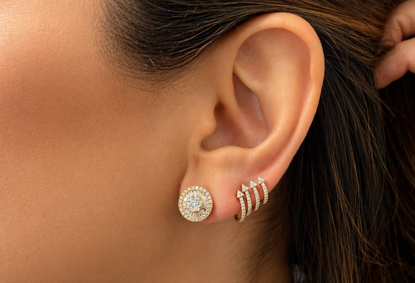 Earrings 18kt Yellow Gold Baguette & Round Diamonds Pizza