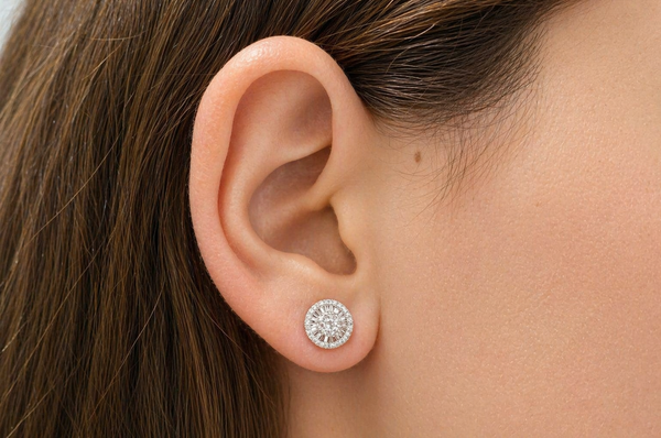 Earrings 18kt Yellow Gold Baguette & Round Diamonds Pizza