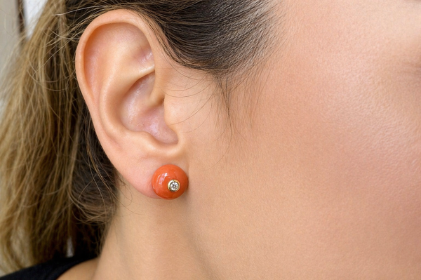 Earrings 18kt Gold Coral Studs with Diamonds