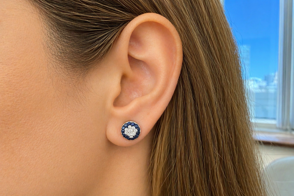 Earrings 18Kt Gold Sapphires and Diamonds Round Stud