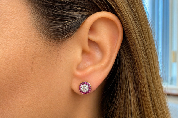 Earrings 18Kt Gold Rubies and Diamonds Round Stud
