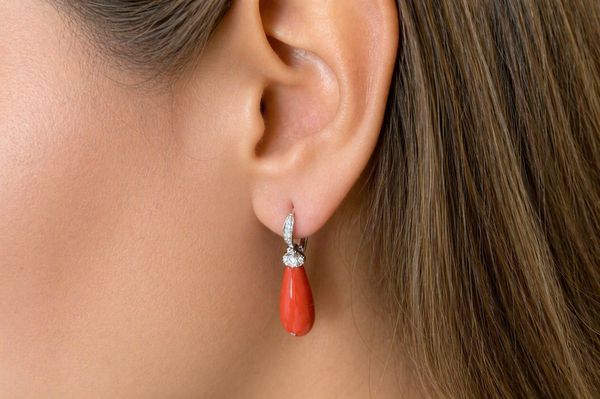 Earrings 14kt White Gold Coral Tear & Diamonds