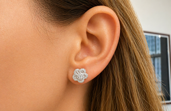 Earrings 18kt White Gold Flowers Baguette & Round Diamonds