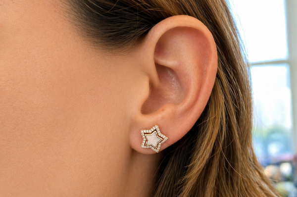 Earrings 18kt Gold Detachable Stars Mother of Pearl & Diamonds Halo