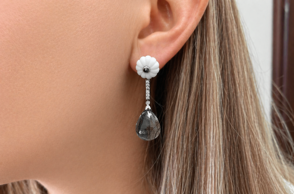 Earrings 18kt Carved White Onyx with Rutilated Quartz & Diamonds