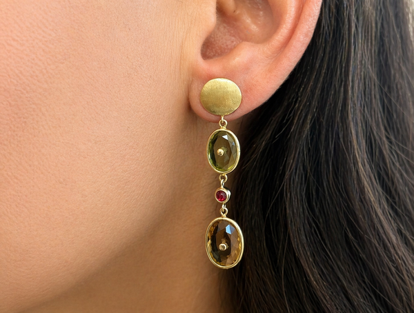 Earrings Lemon Citrine & Ruby Cabochon