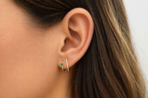 Earrings 14kt Gold Double Row Emeralds & Diamonds