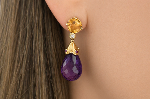 Earrings Citrine Faceted, Ruby Cabouchons & Faceted Amethyst Teardrop