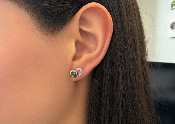 Earrings 18kt Tsavorites & Pink Sapphire Pear Shape with Diamonds Halo