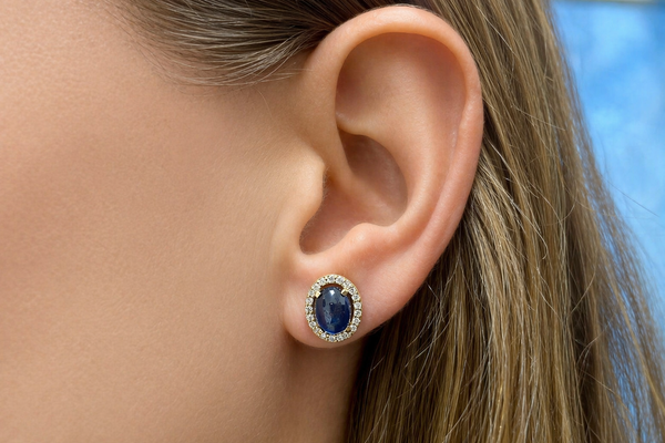Earrings 18kt Gold Oval Sapphire Cabochons & Diamonds Studs