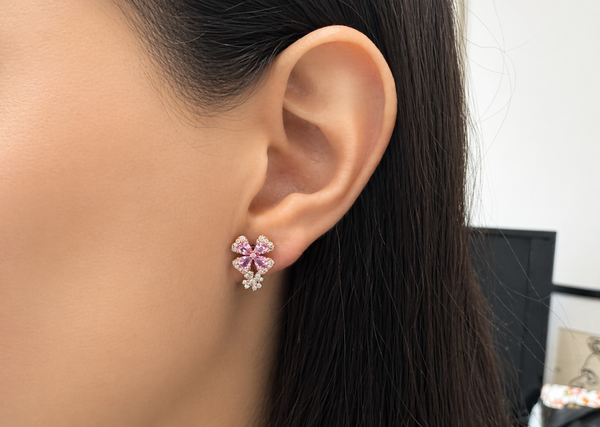 Earrings 18kt Rose Gold Two Flowers Pink Sapphire & Diamonds