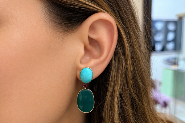 Earrings 14kt Gold Turquoise, Ruby & Green Agate
