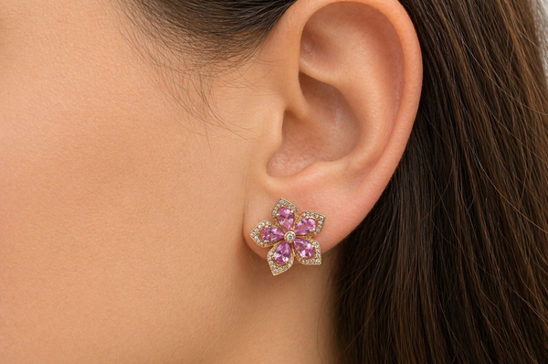 Earrings Flowers 14kt Gold Pink Sapphire & Diamonds