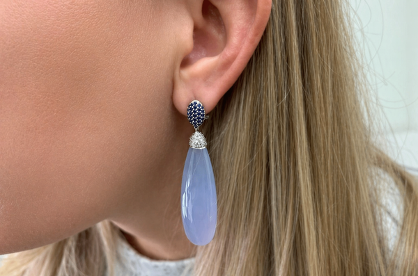 Earrings 18kt Chalcedony Drops with Ceylon Sapphires & Diamonds
