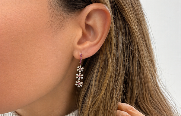 Earrings 18kt Rose Gold Diamonds and Rubies Flowers Drops