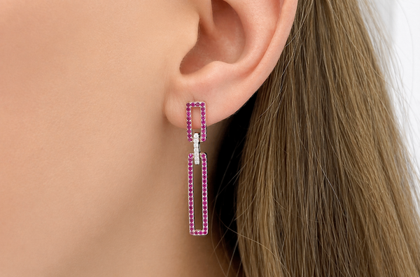 Earrings 18kt Gold Rectangular Rubies & Diamonds Drops