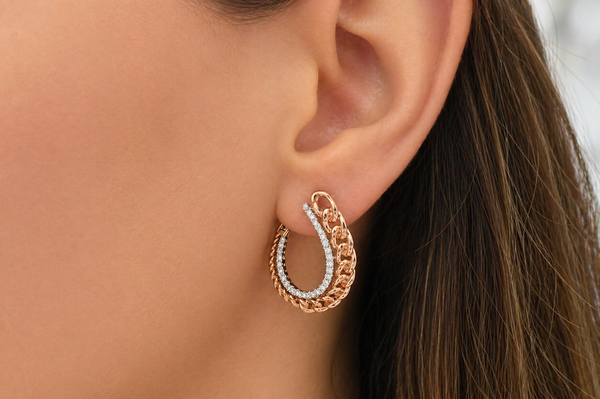Earrings 18kt Front-Facing Chain & Diamonds Hoops