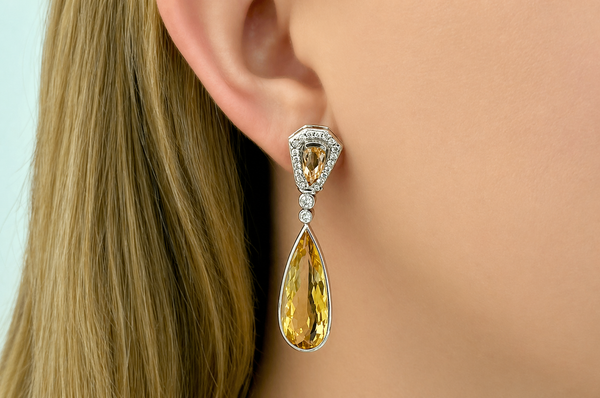 Earrings 18kt Gold Citrines Drop with Precious Topaz & Diamonds