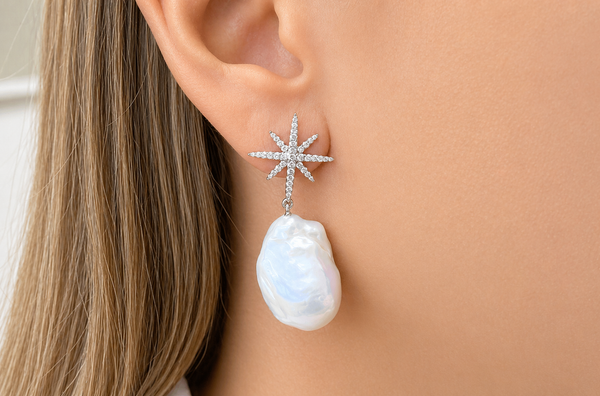 Earrings 14kt Gold Baroque Pearls & Diamonds Star Drop