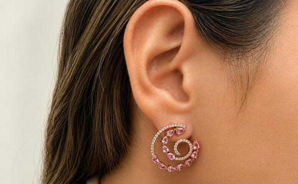 Earrings 18kt Rose Gold Spiral Design Pink Sapphire & Diamonds