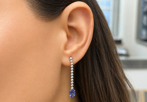 Earrings 18kt White Gold Inline Diamonds with Oval Tanzanita Drops