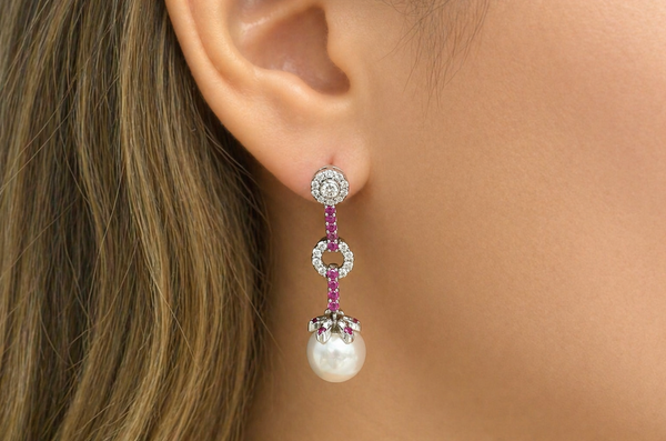 Earrings 18kt Gold Pink Sapphires with Pearls & Detachable Diamonds