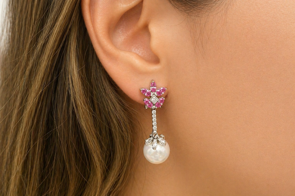 Earrings Pink Sapphires & Diamonds with South Sea Pearls