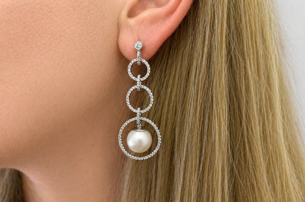 Earrings 18kt Gold Circle Drop with Pearls & Diamonds