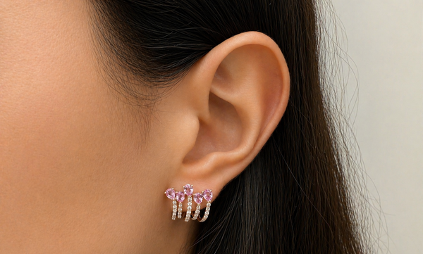 Earrings 18kt Gold Pear Pink Sapphires & Round Diamonds Lobe Studs