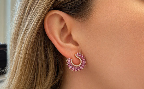 Earrings 18kt Gold C-Shaped Pink Sapphire & Diamonds
