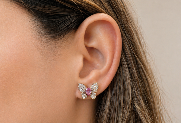 Earrings 18kt Rose Gold Pink Sapphire & Diamonds Butterflies