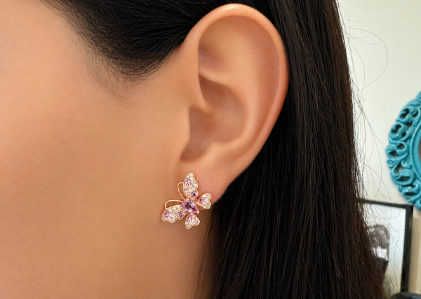 Earrings 18kt Gold Pink Sapphire & Diamonds Butterflies