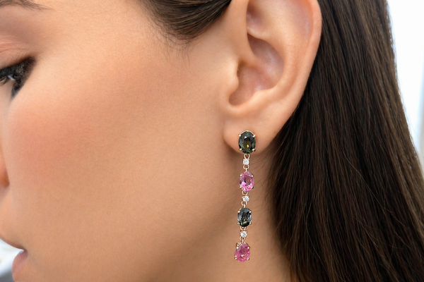 Earrings 18kt Gold Multicolor Oval Tourmaline & Diamonds Drops