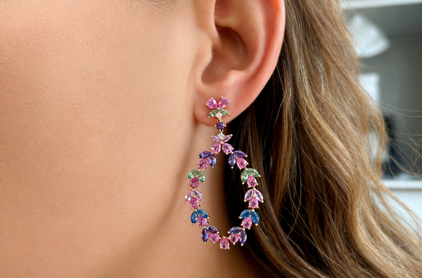 Earrings 18kt Gold Floral Sapphires Amethyst & Diamonds Drop