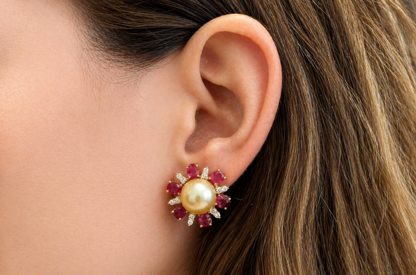 Earrings 18kt Gold Pearls with Sapphires & Diamonds Flowers