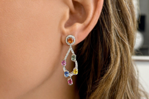 Earrings 18kt Gold Chandelier with Multicolor Sapphires & Diamonds
