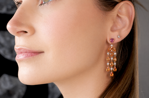 Earrings 18kt Gold Orange Pear Sapphires & Diamonds Chandelier