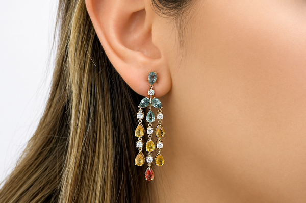 Earrings 18kt Gold Pear Sapphires & Diamonds Chandelier