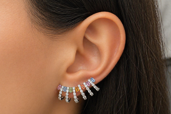 Earrings 18kt Gold Emerald Cut Multicolor Sapphires & Round Diamonds Lobe Studs