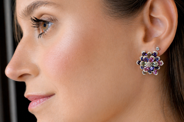 Earrings 18kt Gold Flowers Multicolor Gemstones & Diamonds