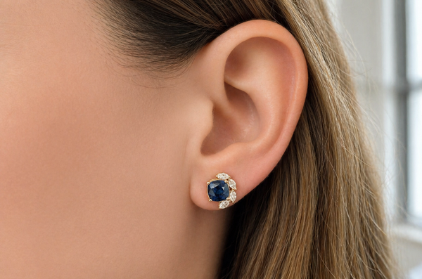 Earrings 18kt Gold Blue Sapphires & Marquise Diamonds Studs