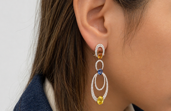 Earrings 18Kt Rose Gold Oval Drop with Multicolor Sapphires and Diamonds