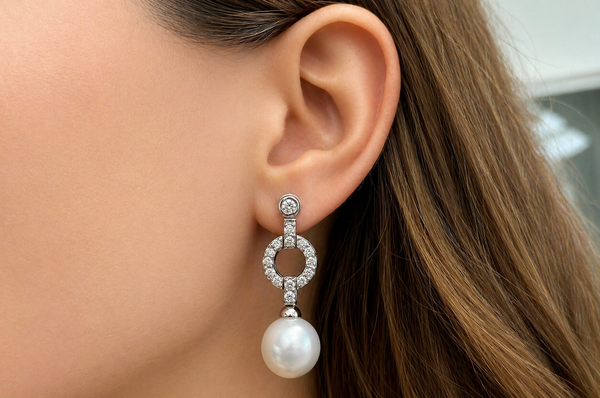 Earrings 18kt White Gold Large Dangle South Sea Pearl & Diamonds