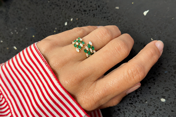 Ring 18kt Gold open Spring Pear Shape Emeralds & Diamonds