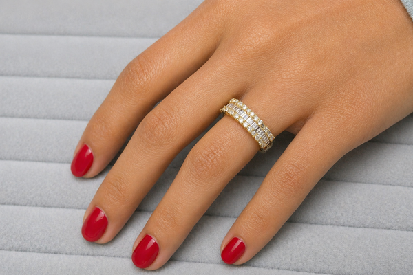 Ring 18kt Yellow Gold Round & Baguette Diamonds Half Band