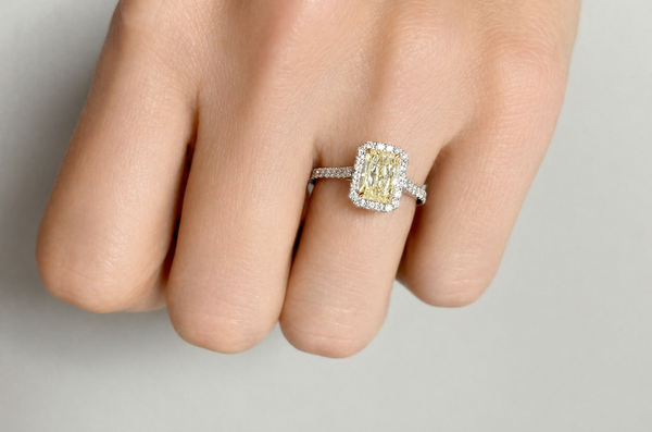 Ring Platinum GIA Rectangular Fancy Yellow Diamond & Pave