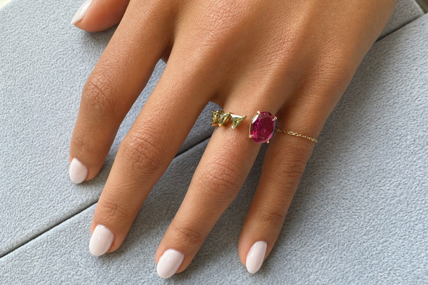 Ring 18kt Gold Oval Rubellite & Green Sapphires