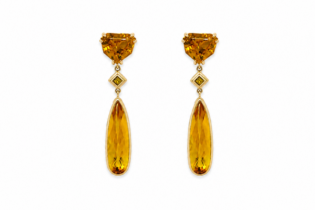 14K Yellow Gold Natural Citrine & Yellow Sapphire Drop Dangle Earrings